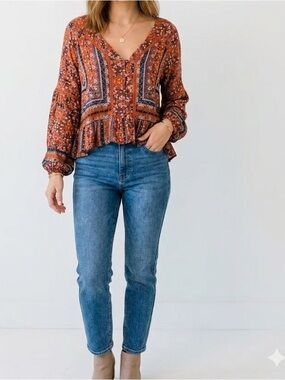 Altar'd State Rust Floral Peasant Button-Front Blouse